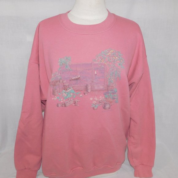 Northern Reflections Tops - VTG 90s Northern Reflections Womens L Pink Plants Boats Graphic Sweatshirt